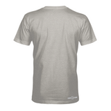 Gray T-shirt, back view with small logo near bottom hem