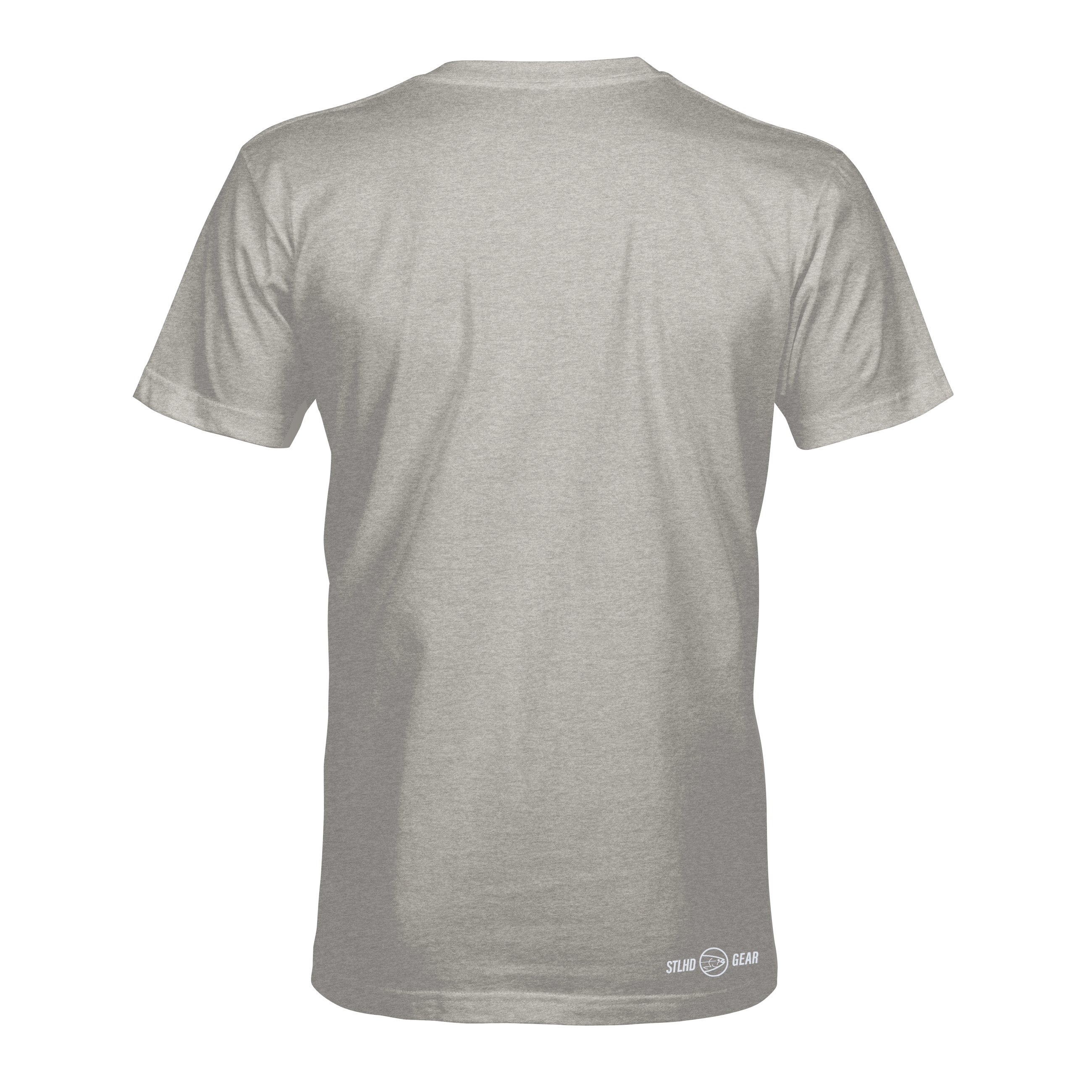 Gray T-shirt, back view with small logo near bottom hem