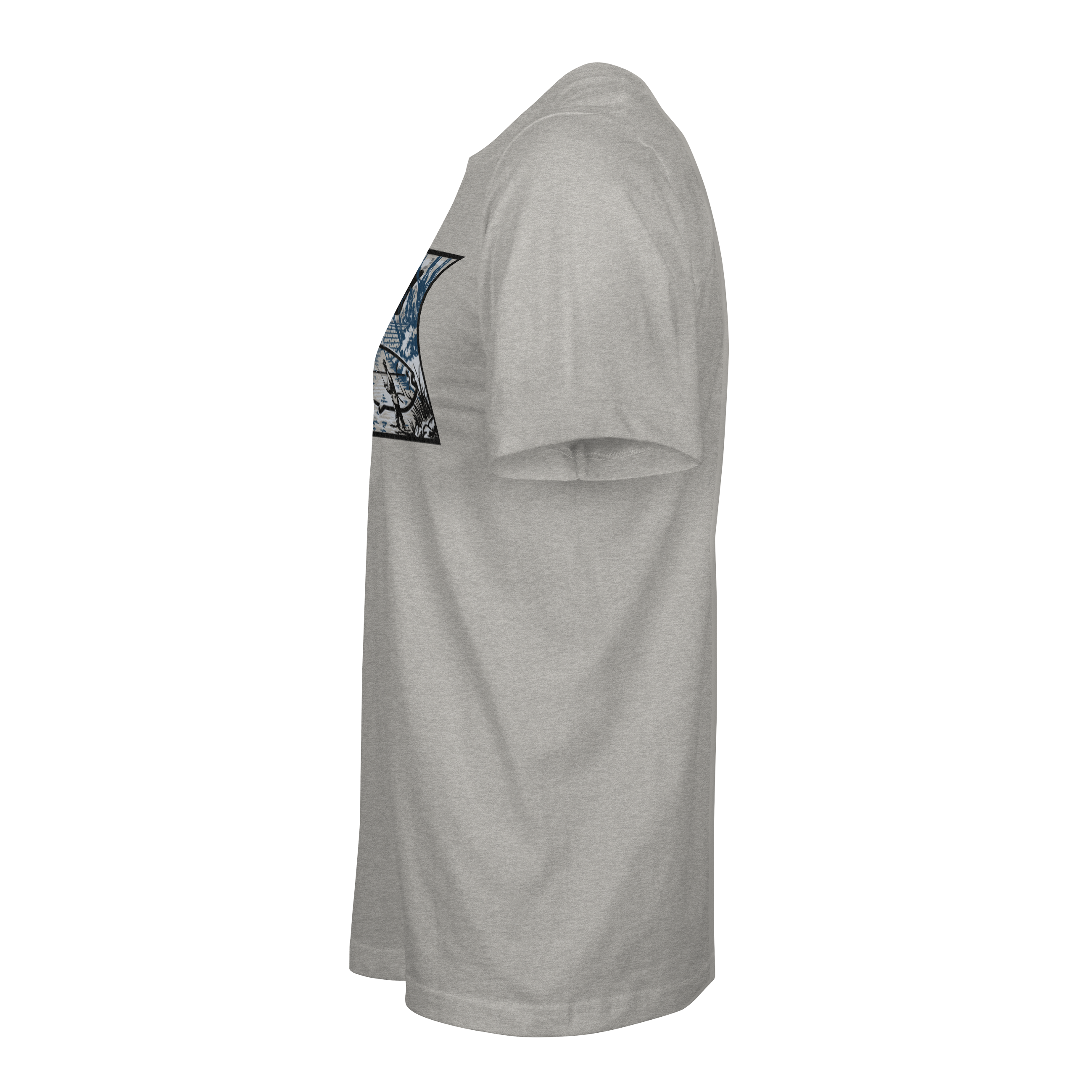 Gray T-shirt, side view showing part of the STLHD rectangular front print