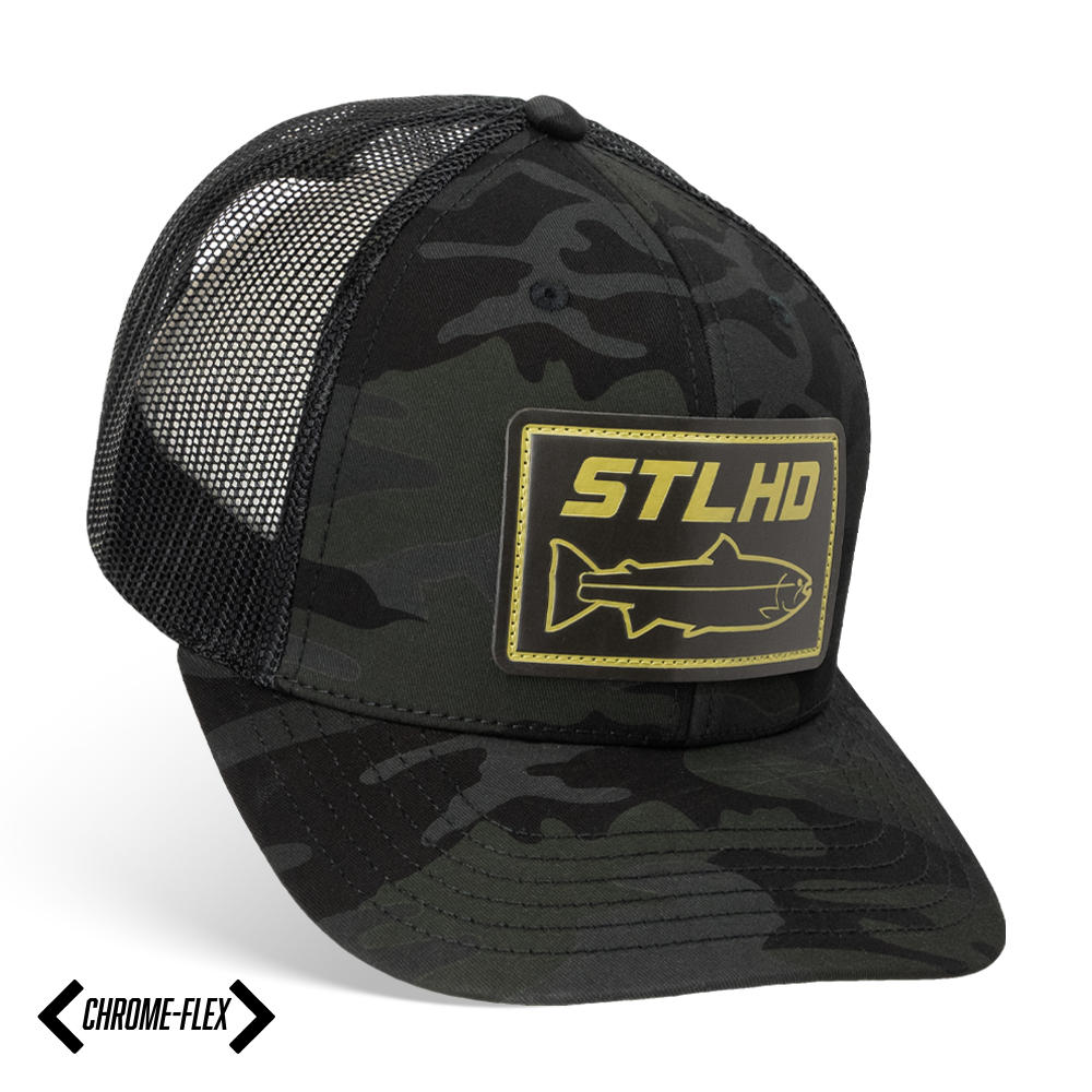 Men's flex-fit camo hat with black mesh sides and front logo patch