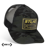 Men's flex-fit camo hat with black mesh sides and front logo patch