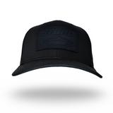 Black trucker cap with STLHD logo patch on the front, top view