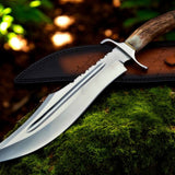 Bowie Knife With Antler Handles – 14" D2 Steel Blade With Blood Groove & Antler Handle