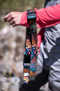 Colorful wading belt with patterned fabric and black plastic buckle