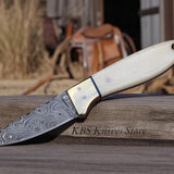 DUSTBONE EDGE – COWBOY BUCKAROO KNIFE WITH RAINDROPS DAMASCUS & DEER BONE