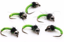 Caddis larva fly lure set: green bodies, black furry heads, curved bronze hooks