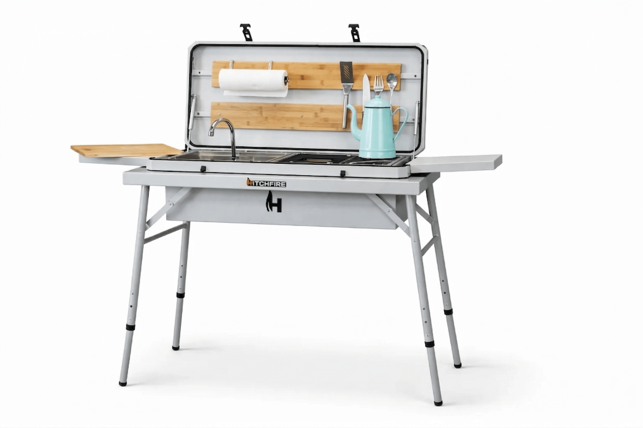 HITCHFIRE folding camp kitchen stand table with wood top, metal frame, and side shelf