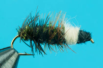 Fishing fly lure with dark body, fuzzy tan wing, and barbed hook