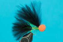 Black feather fly with orange bead head on a hook