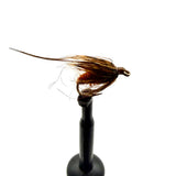Brown-and-amber fuzzy pupa fly on hook, shown side view on black holder