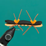 Ant-shaped decorative pin with black body, tan stripe, and orange braided legs