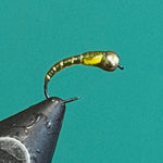 Olive beadhead chironomid fly with gold body and curved hook