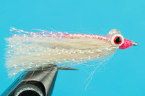 Fishing fly lure with white-pink tinsel body and red head with black eye