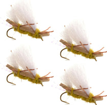 Green and golden grasshopper foam fishing fly with brown hook, four-pack
