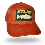 Orange STLHD trucker hat with front logo patch and adjustable mesh back