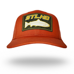 Orange STLHD trucker hat, front view with curved brim and logo on crown