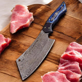 Custom Handmade Damascus Steel Best Cleaver Knife with Blue Pakka Wood Handle – 10" with Leather Sheath