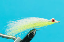 Clouser Minnow saltwater fly lure with neon yellow-green body and red/black eye
