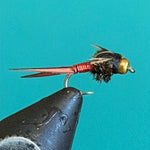 Red Copper John fishing lure with feather tail and copper ribbed body
