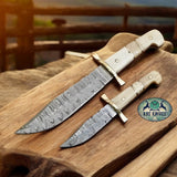 Custom Western Bowie Knife Set – Damascus Steel, Bone Handle