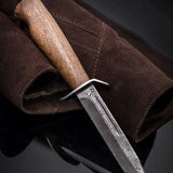 Damascus Hunting Knife for Sale - Damascus Steel Blade with Blood Groove, Walnut Wood Handle, Steel Guard, Leather Sheath - KBS Knives Store