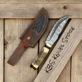 Damascus Hunting Knife – 10" Blade with Antler Horn Handle & Brass Guard