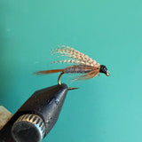 Wet fly fishing lure with brown feather wing and dark metal hook