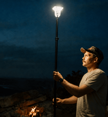 LED camping light on black pole held by person near a fire pit outdoors