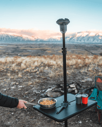 Portable camping table, 18 x 24 in dark tabletop with central height pole