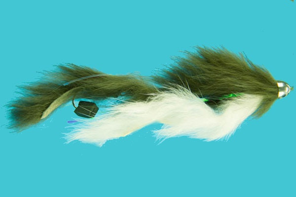 Olive and white feather fly with silver crosscone head and dark eye