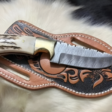 Cowboy Knife Sheath - Damascus & Antler Western Set