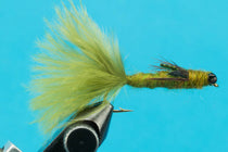 Olive dragonfly-style fly fishing lure with green feather body and tail