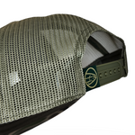 Olive mesh trucker cap side with snapback strap and circular logo patch