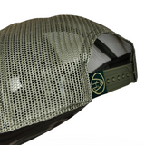 Olive mesh trucker cap side with snapback strap and circular logo patch