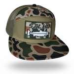 Camo seven-panel trucker cap with mesh back and front logo patch, olive and brown