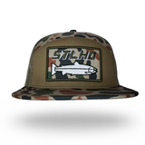 Camo trucker cap with front rectangular STLHD patch and flat brim, olive and brown
