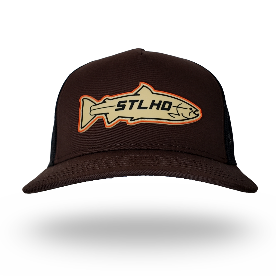 Brown trucker cap with black mesh sides and STLHD fish logo on front