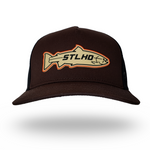 Brown trucker cap with black mesh sides and STLHD fish logo on front