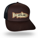 Brown trucker hat with black mesh back and front fish logo patch