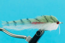 Enrico's mackerel-style fishing fly, green-and-white with red eye and feather body
