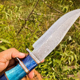 14-Inch Raindrops Damascus Steel Hunting Bowie Knife | Custom Handcrafted with Colored Bone Handle & Leather Sheath | KBS Knives