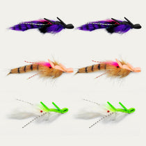 Assorted gurgler flies: purple, peach, and bright green feather lures (6-pack view)