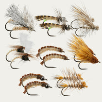 Caddis-style fishing flies set: feathery bodies on metal hooks, assorted browns and creams