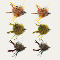 Crab fly fishing lure assortment with six colorful feathered lures