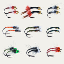 Barbless midge fly assortment with assorted small bead-head nymph flies