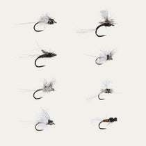 Barbless dry fly assortment with eight feathered fly patterns, black and white bodies