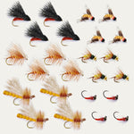 Assorted artificial fishing flies with feather bodies and barbed hooks, mix of black and orange designs