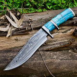 14-Inch Raindrops Damascus Steel Hunting Bowie Knife | Custom Handcrafted with Colored Bone Handle & Leather Sheath | KBS Knives