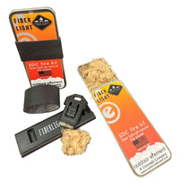 EDC fire starter kit contents: metal tin, fiber bundle, striker tool, black holder