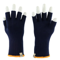 Navy fingerless gloves with orange cuff trim and open fingertips